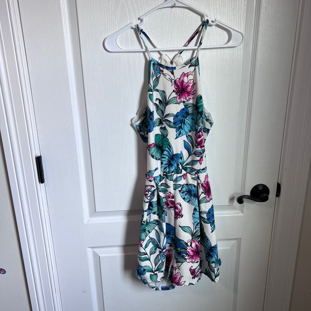 Charlotte Russe Tropical Floral Halter Romper White Pink Teal Size Large